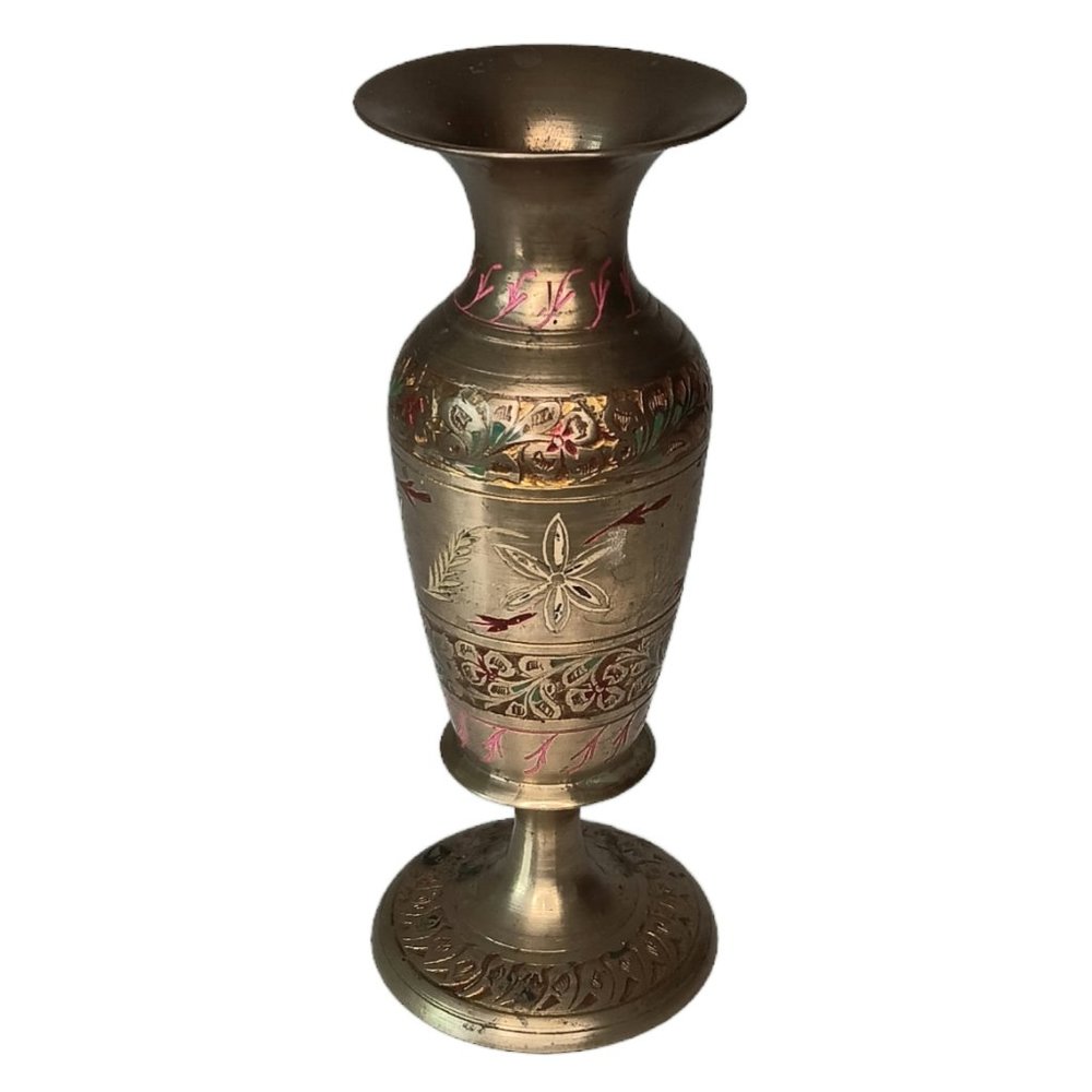 Brass Etched Enamel Inlaid Bud Vase Vintage Made in India